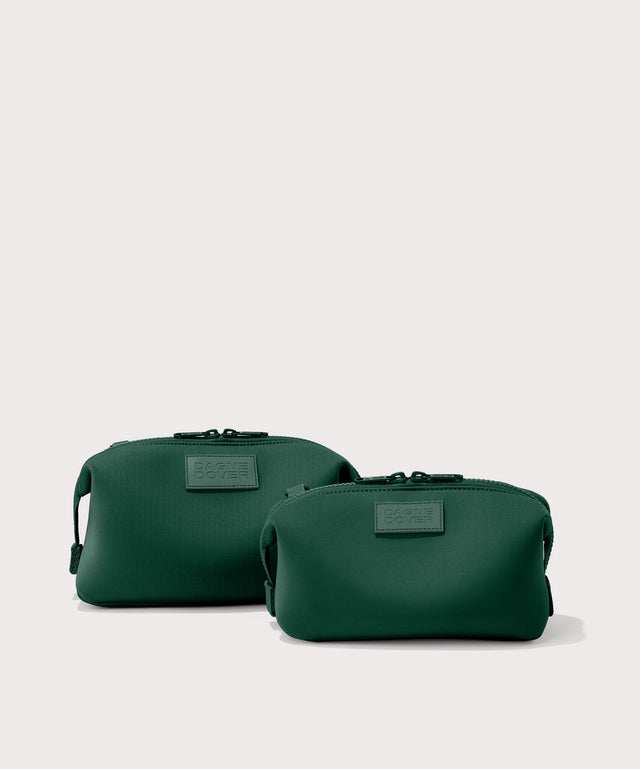 Hunter Large and small toiletry bag in a saturated, jewel-toned deep green with bold blue undertones, front angle view