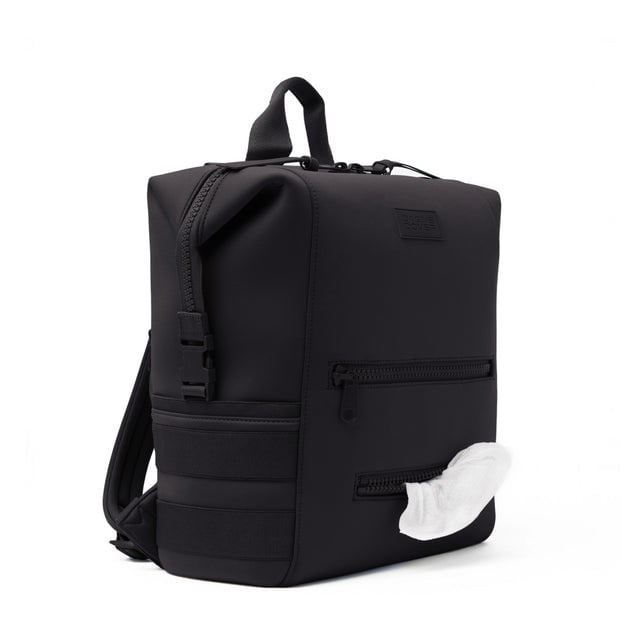 Dagne Dover Large Indi Diaper Backpack in onyx showing the zipper opening for easy access wipes.