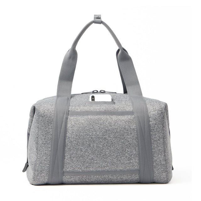 Large Landon Carryall in grey, displaying an exterior phone pocket
