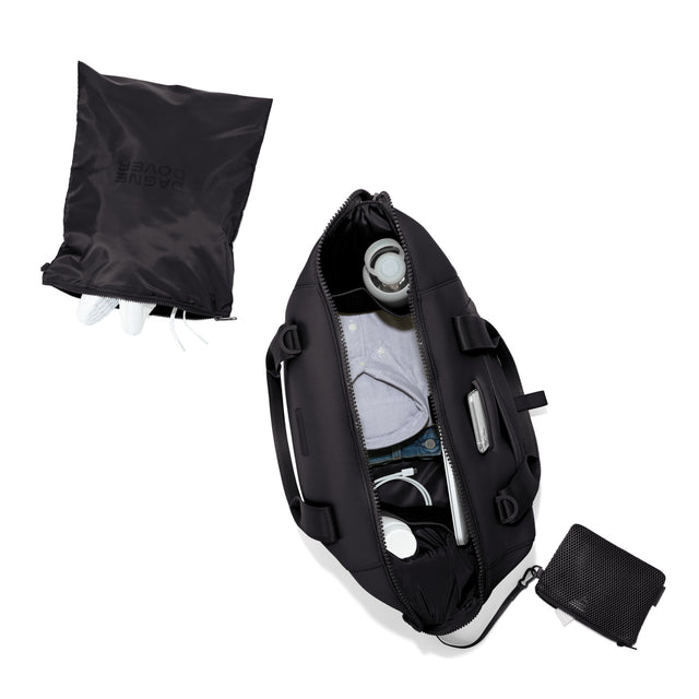 Large Landon Carryall in black unzipped, top down view