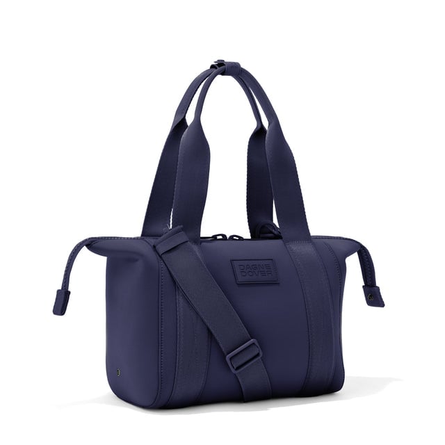 Small Landon Carryall in navy blue with zippers unbuckled