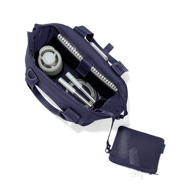 Small Landon Carryall in navy blue unzipped, top down view