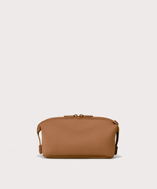 Hunter small toiletry bag in a saturated, warm medium-brown with burnt orange undertones. back view.