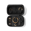Dagne Dover Small Frankie Jewelry Case in black, seen open from above with jewelry inside and the interior compartment closed. hover