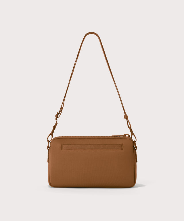 Nora shoulder bag in a saturated, warm medium-brown with burnt orange undertones Back view.