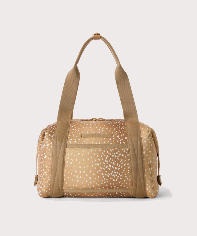 Medium Landon Carryall in an understated, neutral fawn print with a range of rich browns, displaying an exterior phone pocket