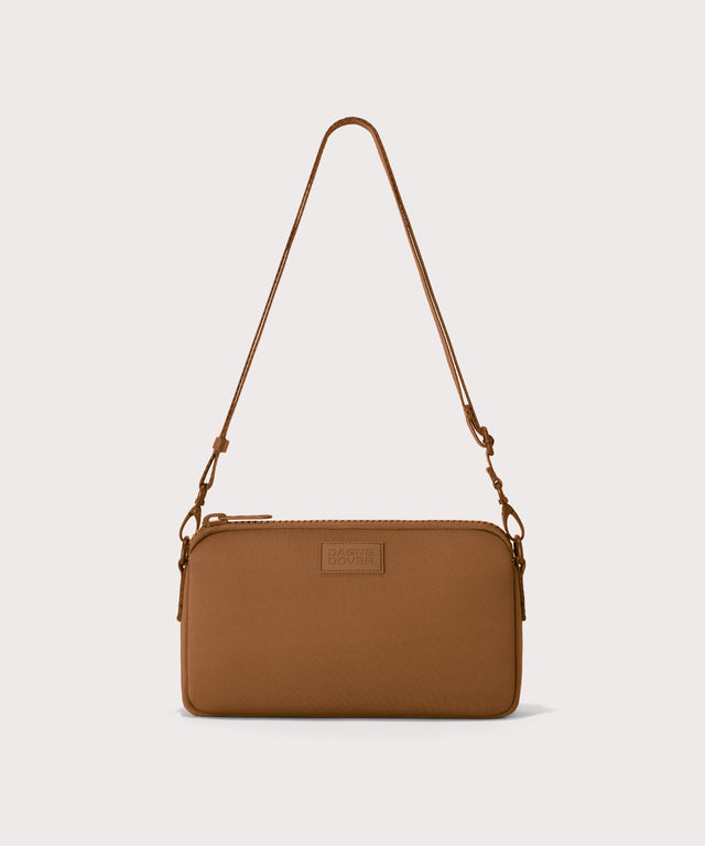 Nora shoulder bag in a saturated, warm medium-brown with burnt orange undertones