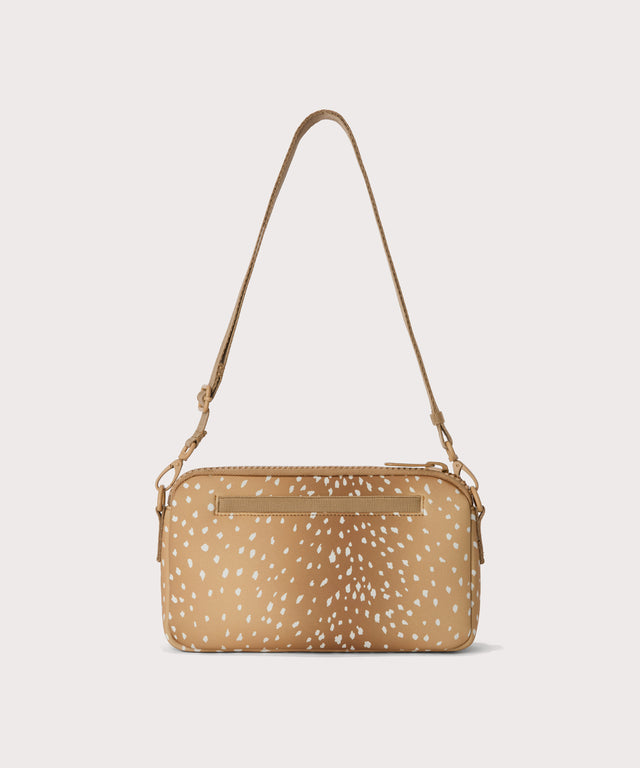 Nora shoulder bag in an understated, neutral fawn print with a range of rich browns Back view.