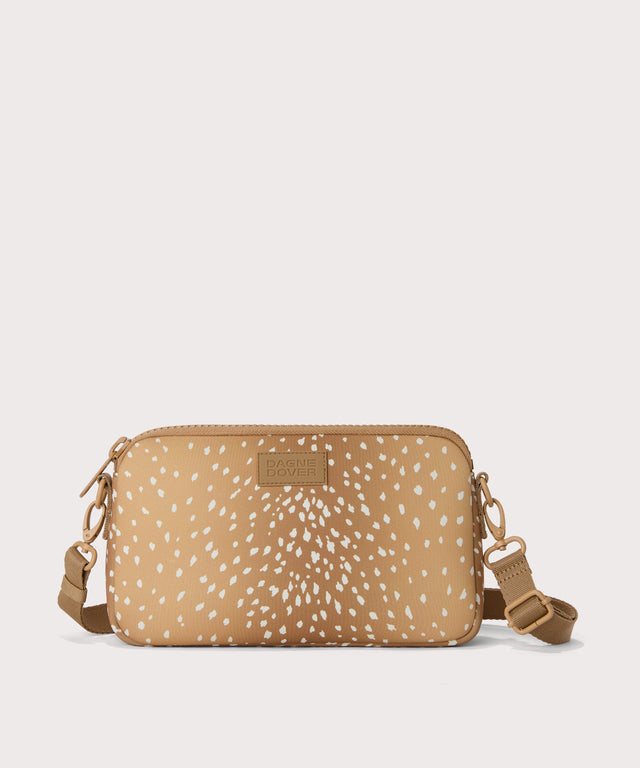 Nora shoulder bag in an understated, neutral fawn print with a range of rich browns