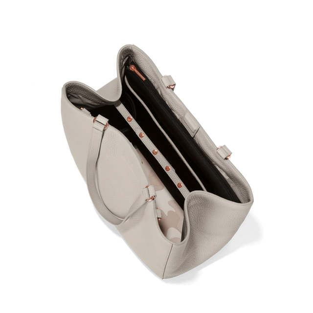 Dagne Dover large Allyn Tote in grey seen from above, revealing the interior slip pockets and laptop sleeve.