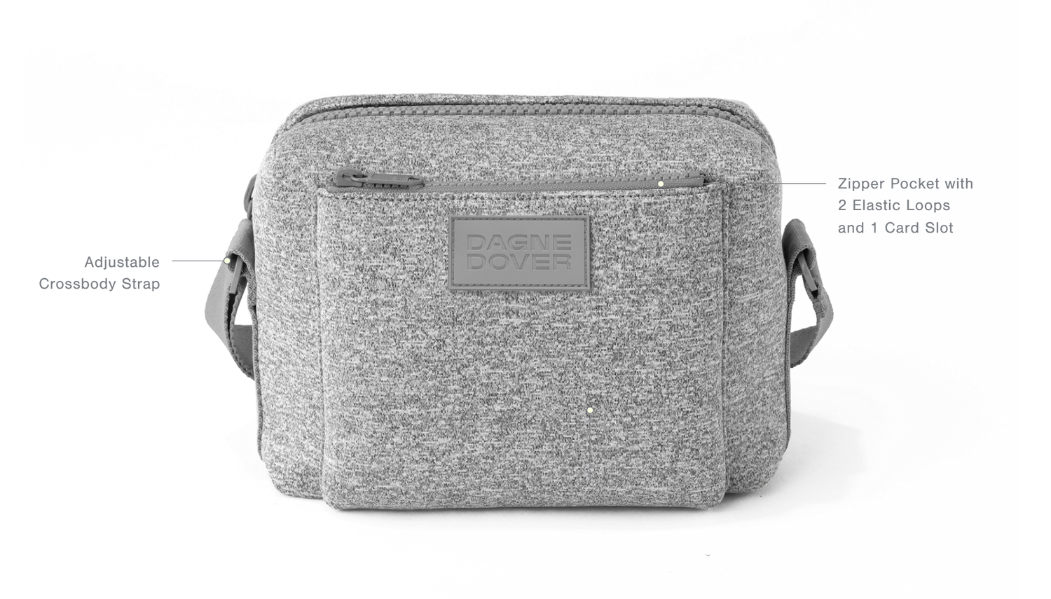 Front Features: Zipper Pocket with 2 Elastic Loops and 1 Card Slot, Adjustable Crossbody Strap