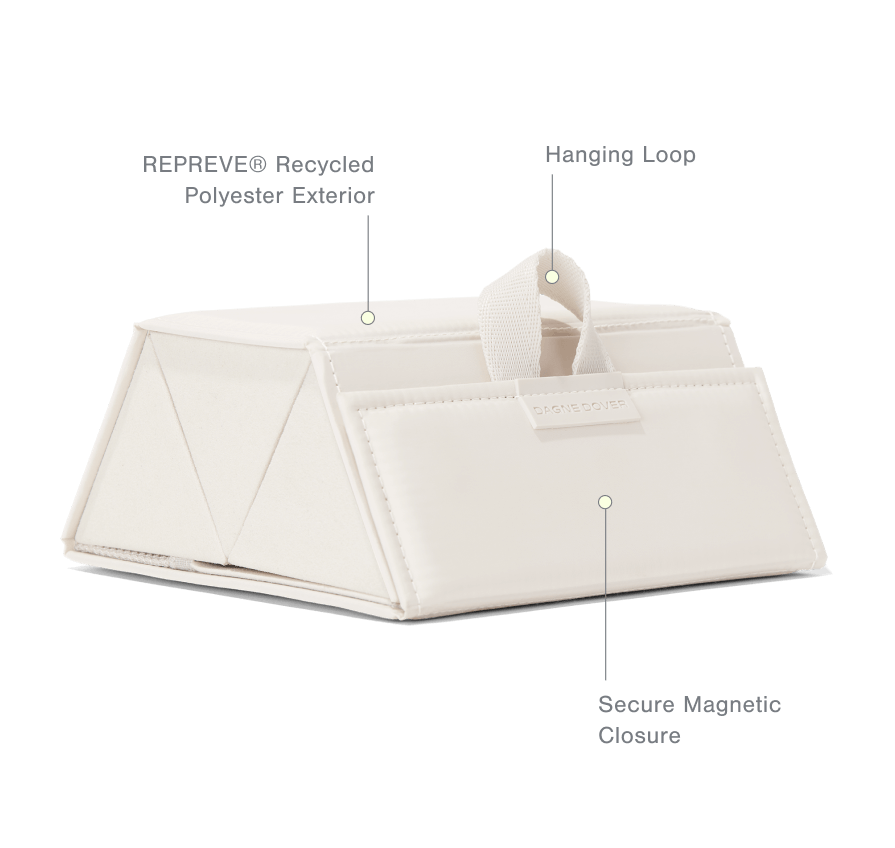 Front Features: Hanging Loop, REPREVE® Recycled Polyester Exterior, Secure Magnetic Closure