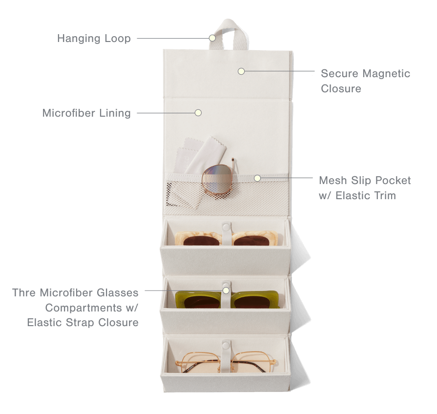 Interior Features: Hanging Loop, Secure Magnetic Closure, Microfiber Lining, Mesh Slip Pocket with Elastic Trim, Three Microfiber Glasses Compartments with Elastic Strap Closure