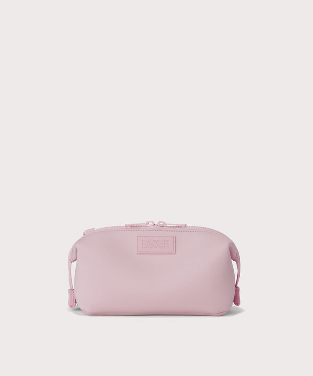 Hunter small toiletry bag in  cool, powdery pink with soft grey undertones. Front view.