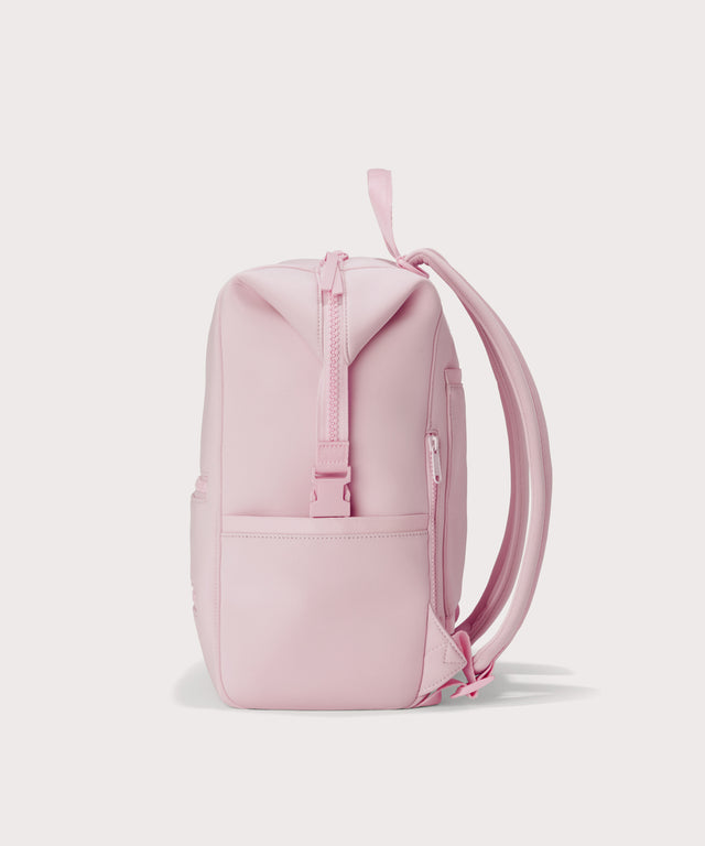Large Indi backpack in a cool, powdery pink with soft grey undertones, side view