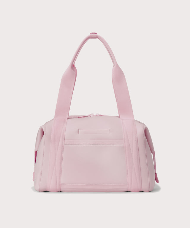 Medium Landon Carryall in a cool, powdery pink with soft grey undertones, displaying an exterior phone pocket