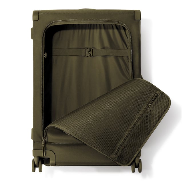 Front view of Sydney checked rolling luggage 28.5” in dark moss with front flap opened