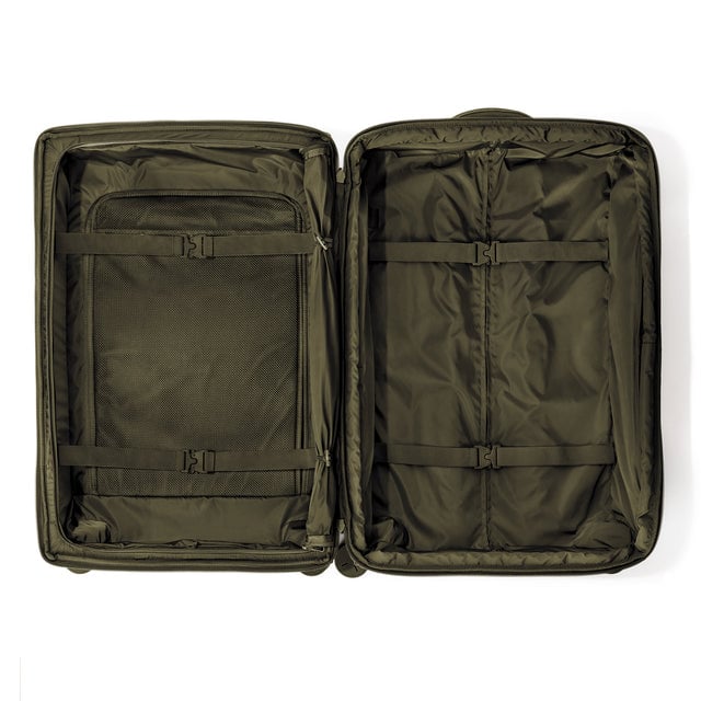 Top down of Sydney checked rolling luggage 28.5” in dark moss 