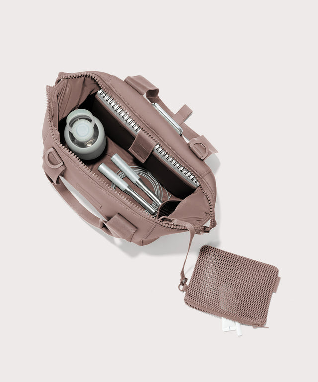 small Landon Carryall in pink unzipped, top down view