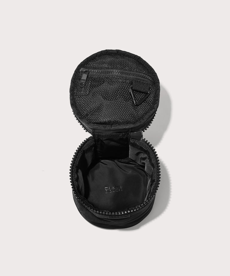 Dagne Dover small Mila Toiletry Pouch in black unzipped.