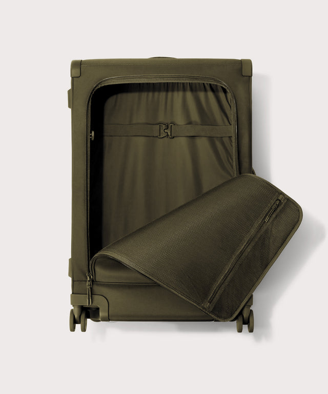 Front view of Sydney checked rolling luggage 28.5” in dark green with front flap opened