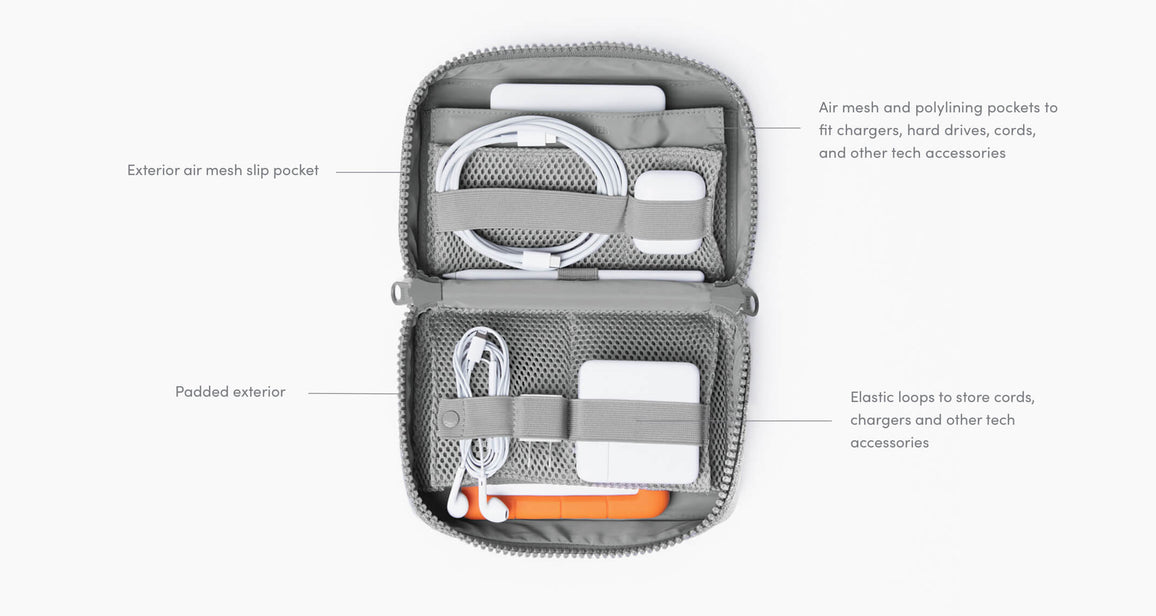 Product Features Large Arlo - Features: Exterior air mesh slip pocket, Padded exterior, Elastic loops to store cords, chargers and other tech accessories, Air Mesh and poly lining pockets to fit chargers, hard drives, cords, and other tech accessories