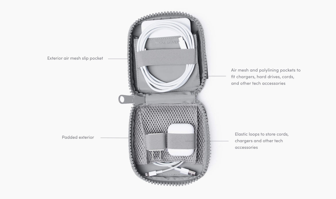 Product Features Small Arlo - Features: Exterior Air Mesh Slip Pocket, Padded Exterior, Elastic loops to store cords, chargers and other tech accessories, Air mesh and poly lining pockets to fit chargers, hard drivers, cords, and other tech accessories