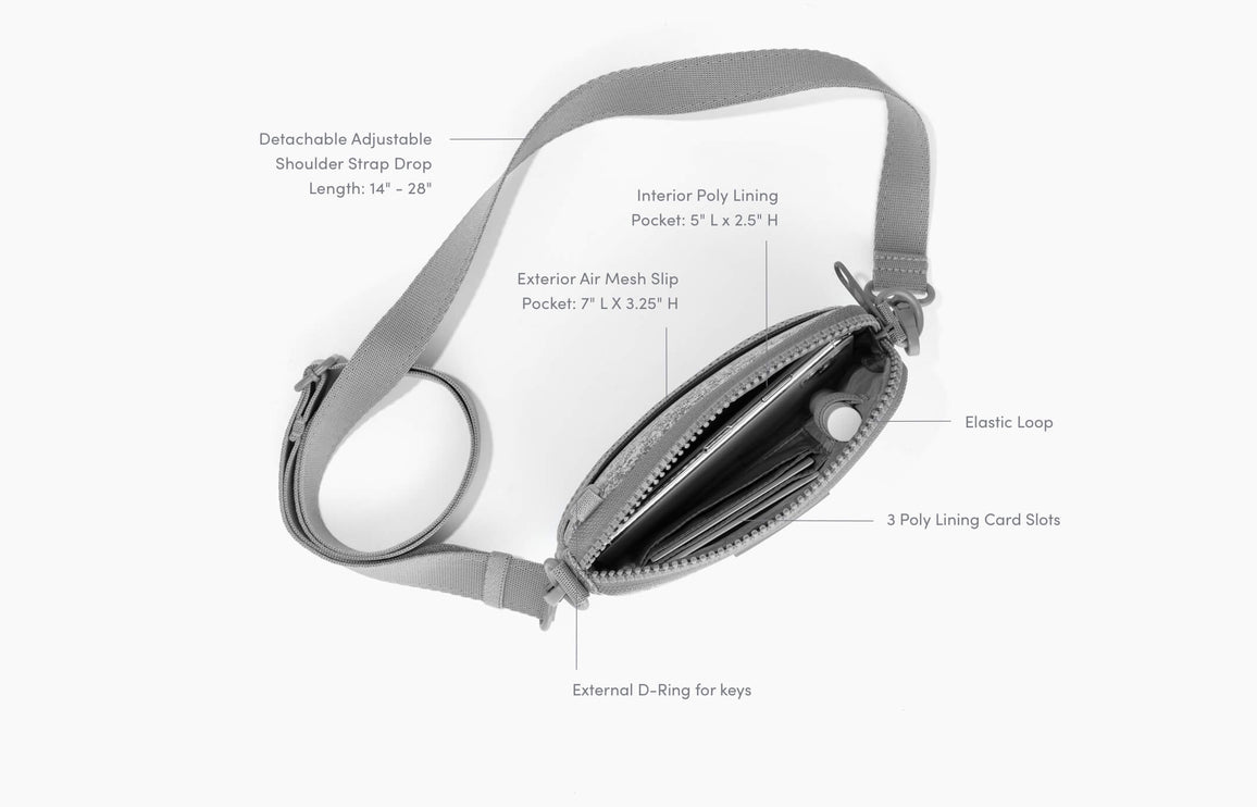 Product Features Mara Phone Sling - Features: Detachable Adjustable Shoulder Strap Drop Length: 14-inch - 28-inch, Exterior Air Mesh Slip Pocket: 7-inch L x 3.25-inch H, Interior Poly Lining Pocket: 5-inch L x 2.5-inch H, Elastic Loop, 3 Poly Lining Card Slots, External D- Ring for keys