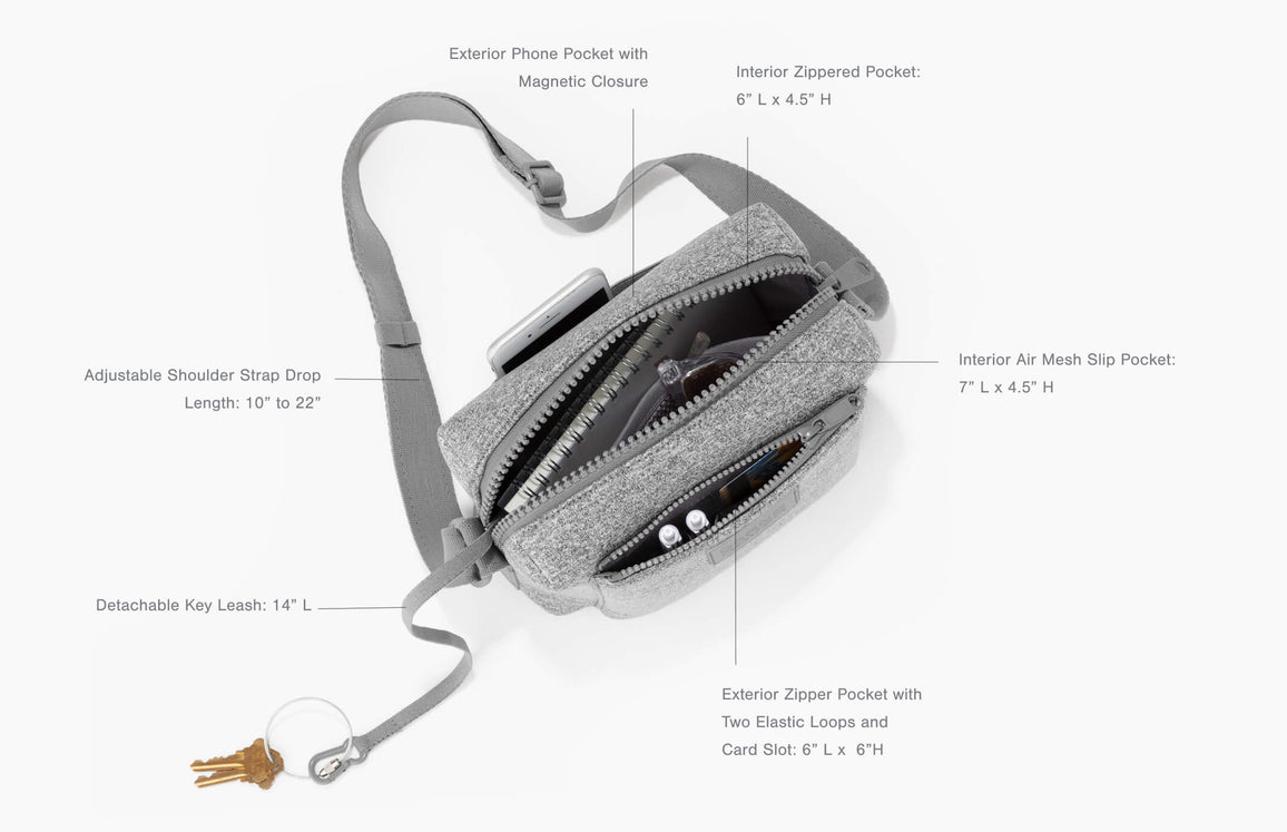 Product Features Micah Crossbody - Features: Adjustable Shoulder Strap Drop Length: 10-inch to 22-inch, Detachable Key Leash: 14-inch L, Exterior Zipper Pocket with Two Elastic Loops and Card Slot: 6-inch L x 6-inch H, Interior Air Mesh Slip Pocket: 7-inch L x 4.5-inch H, Interior Zippered Pocket: 6-inch L x 4.5-inch H, Exterior Phone Pocket with Magnetic Closure