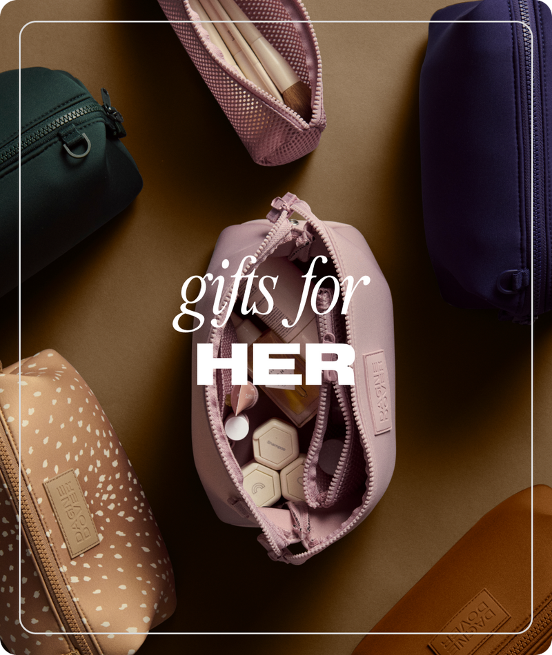 Collection of small bags with 'gifts for HER' text on a brown background