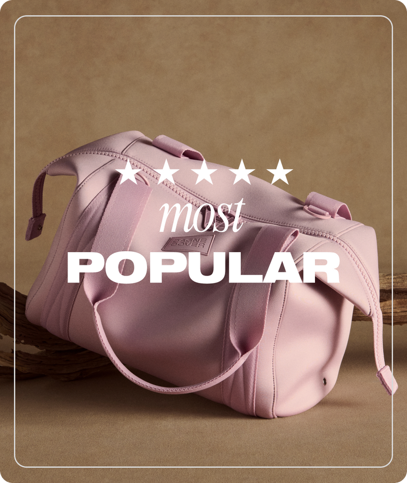 Pink duffel bag on a brown background with 'most popular' text overlay.