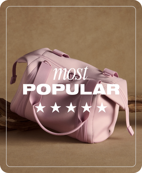 Pink duffel bag on a brown background with 'most popular' text and five-star rating.