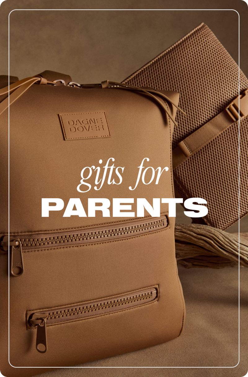 Brown leather backpack with a blanket on a brown background, featuring 'gifts for parents' text.