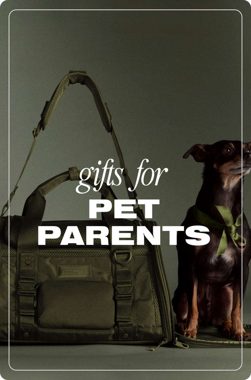 Dog with a green backpack and text 'Gifts for Pet Parents' on a dark background