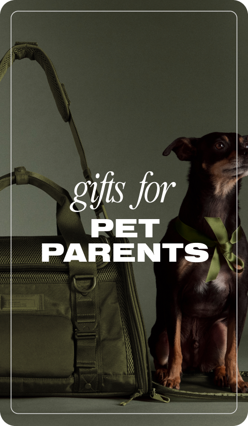 Dog wearing a green harness next to a tactical backpack with 'Gifts for Pet Parents' text.