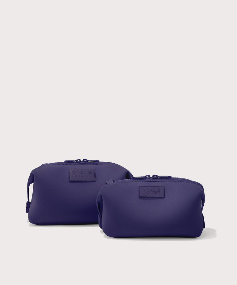 Hunter Large and small toiletry bag in  a jewel-toned, deep blue with strong purple undertones, front angle view
