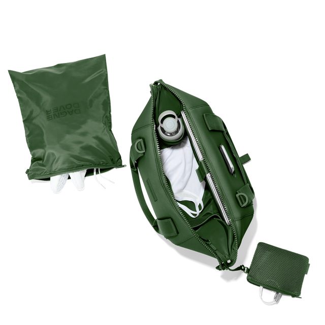 Dagne Dover medium Landon Carryall in a rich, classic forest green unzipped, top down view. Hover
