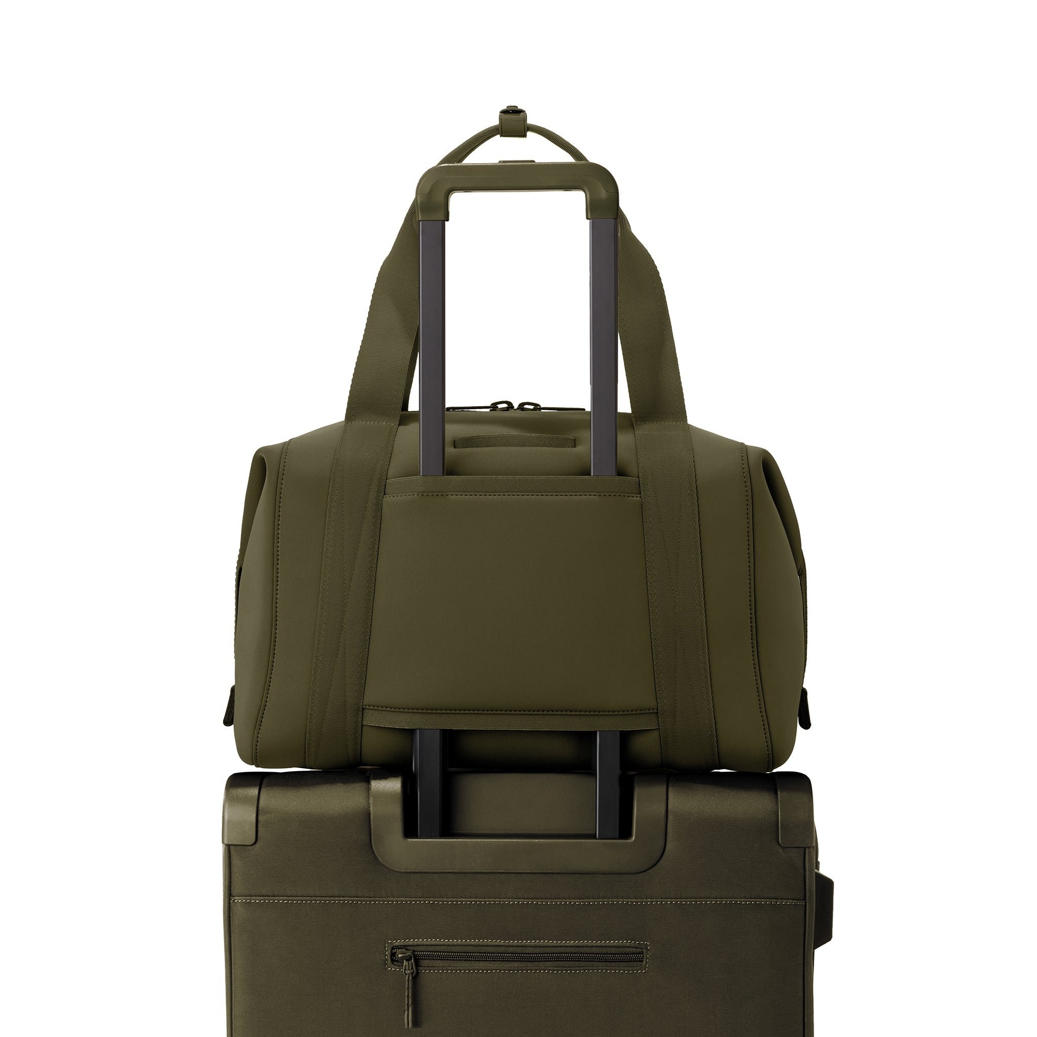 Large Landon Carryall in dark green displaying luggage sleeve