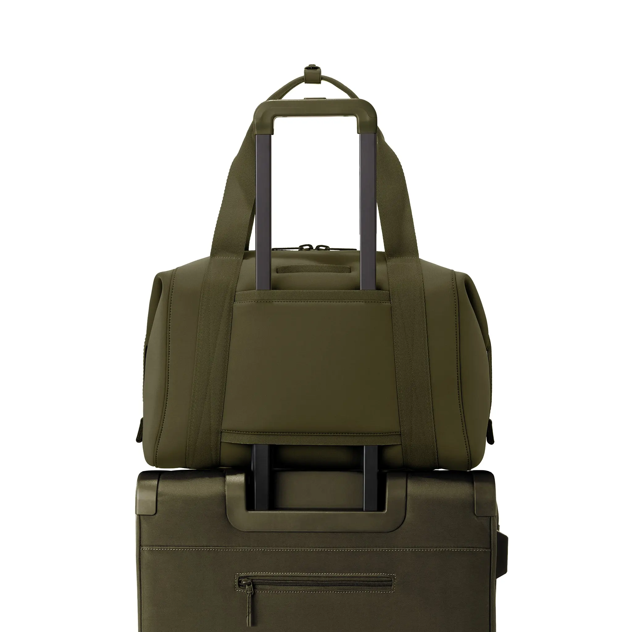 Large Landon Carryall in dark green displaying luggage sleeve
