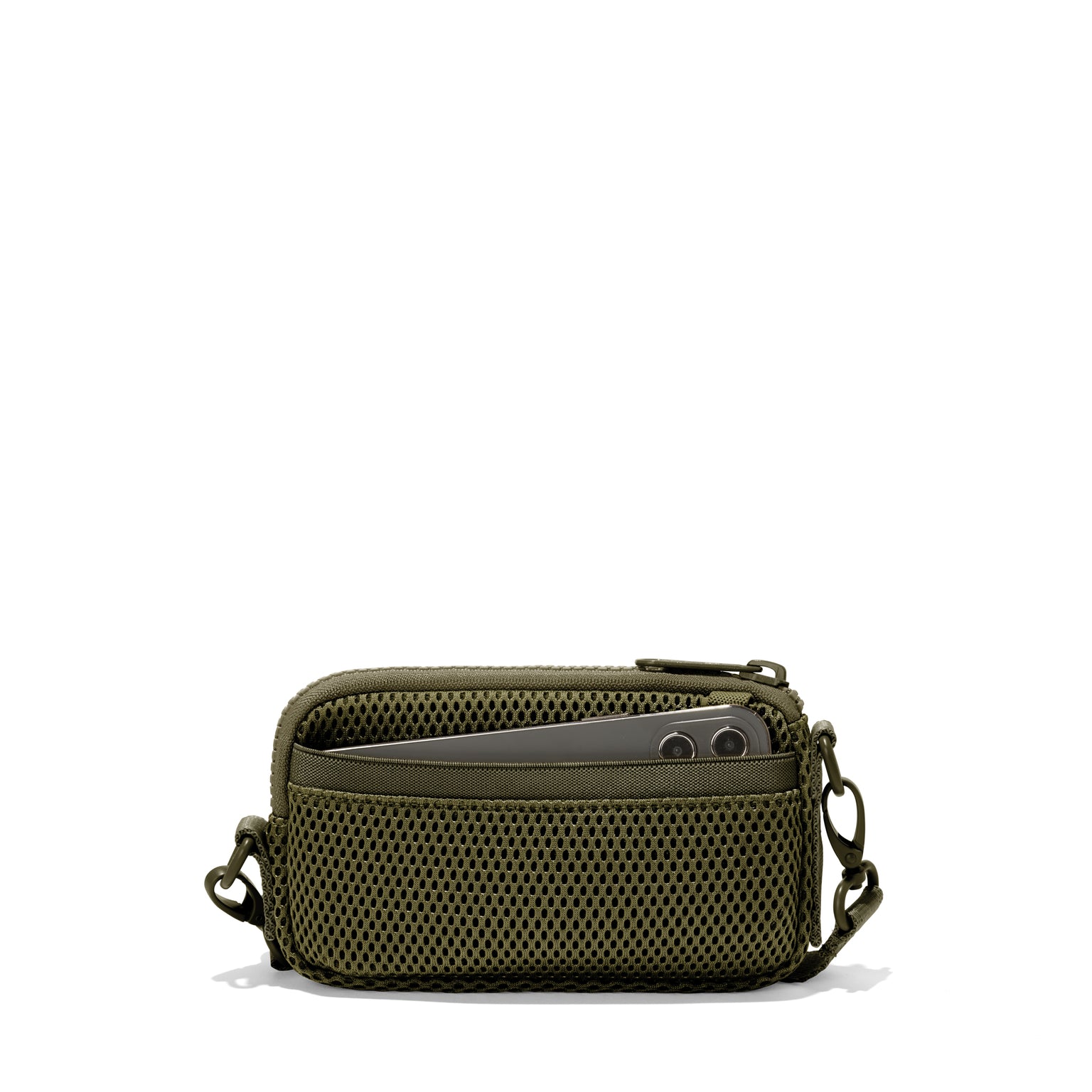 Dagne Dover Mara Phone Sling in dark green air mesh showing the exterior air mesh slip.