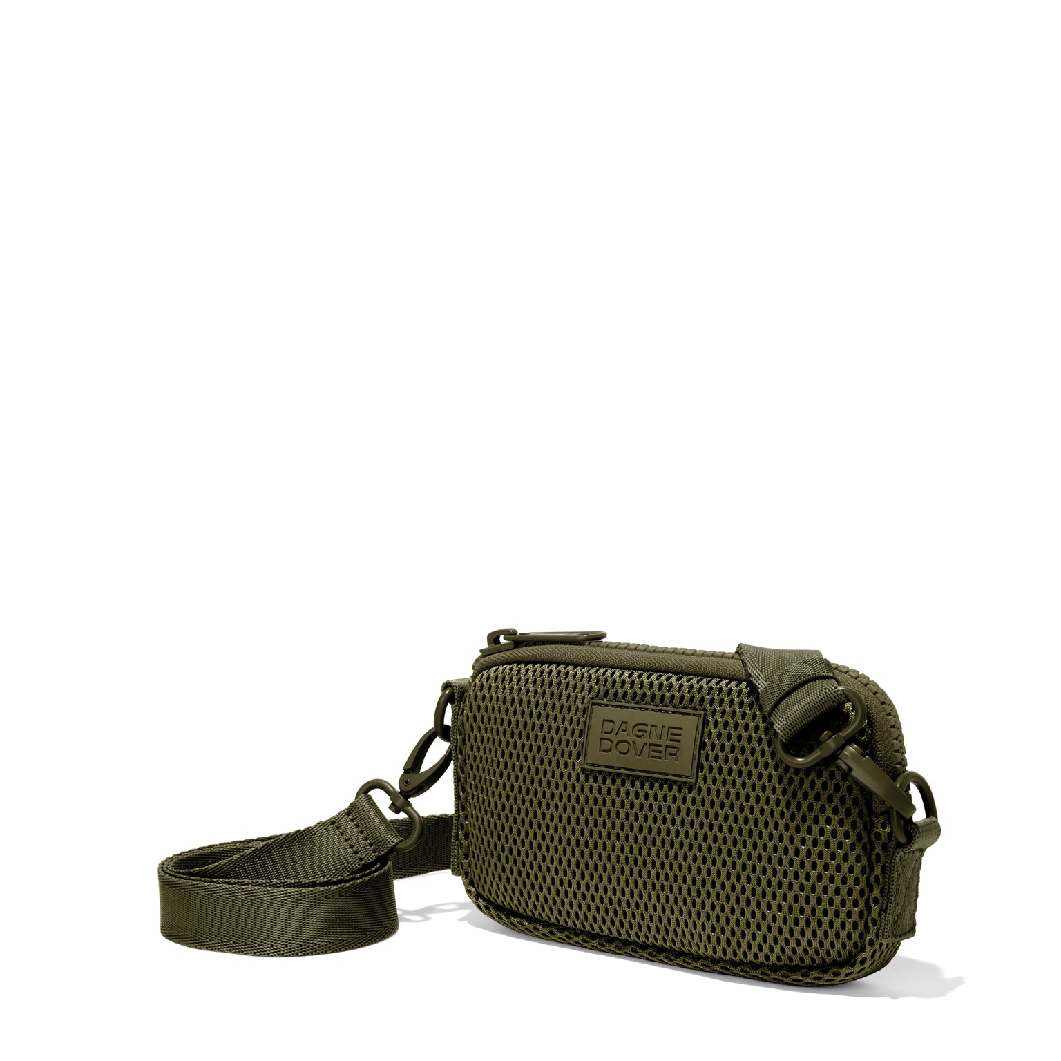 Dagne Dover Mara Phone Sling in dark green air mesh seen from an angle, showing the adjustable shoulder strap drop.