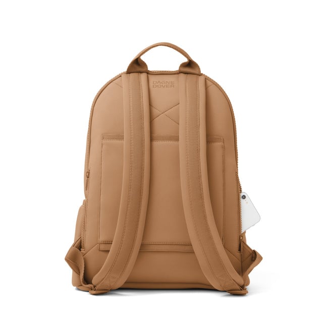 Dagne Dover large Dakota Neoprene Backpack in camel brown seen from the back.