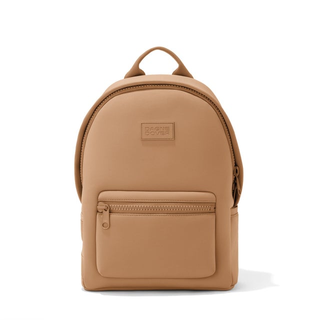 Dagne Dover medium Dakota Neoprene Backpack in camel brown.
