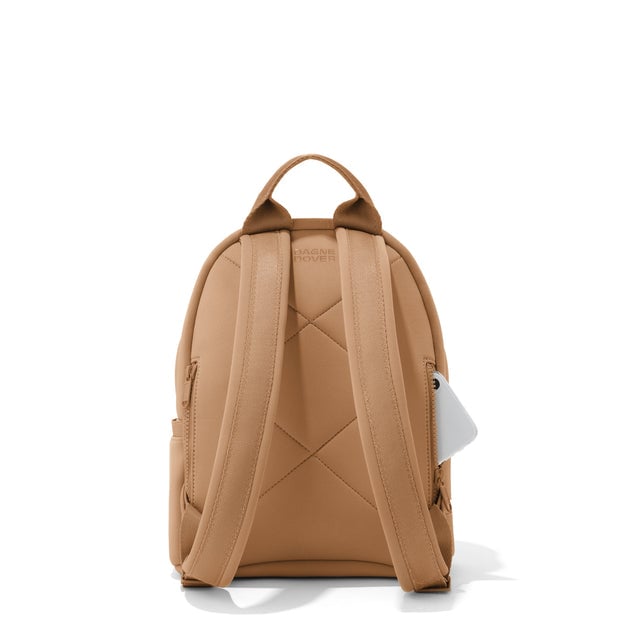 Dagne Dover small Dakota Neoprene Backpack in camel brown seen from the back.