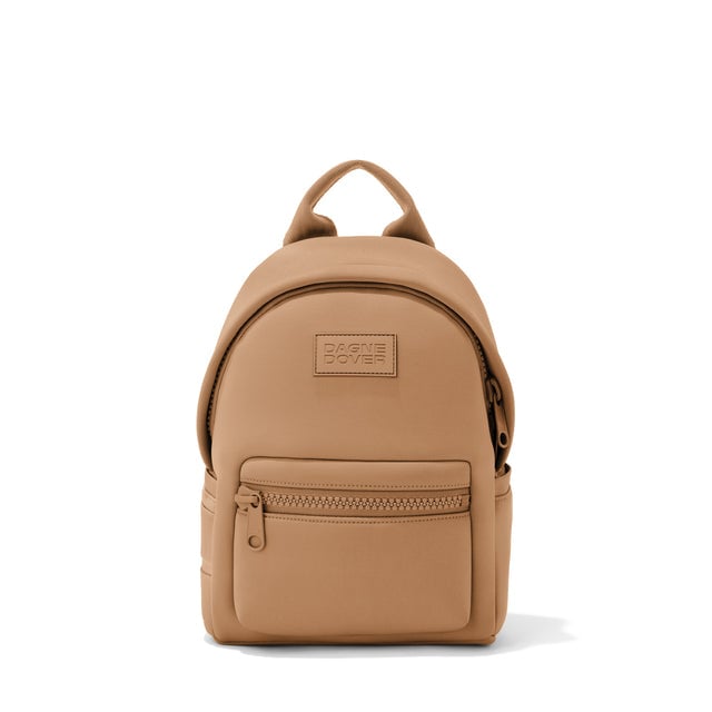 Dagne Dover small Dakota Neoprene Backpack in camel brown.