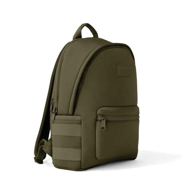 Dagne Dover large Dakota Neoprene Backpack in dark moss seen from an angle.