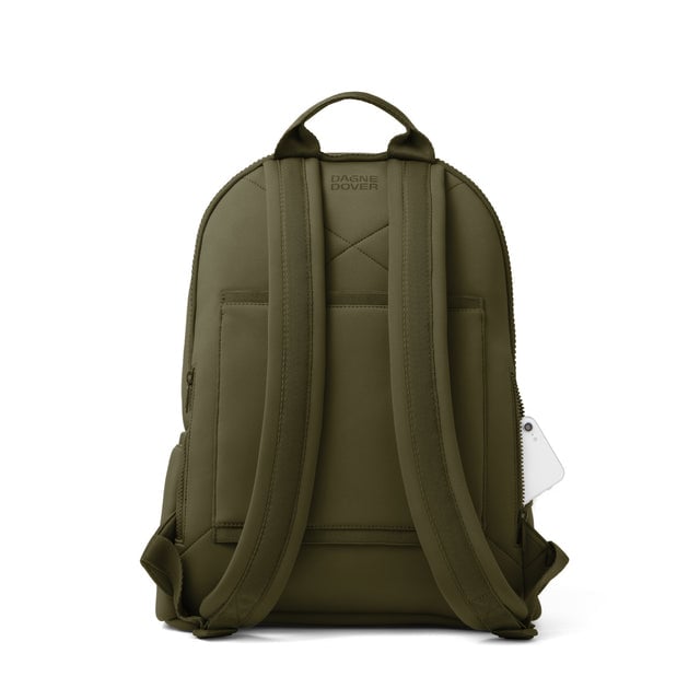 Dagne Dover large Dakota Neoprene Backpack in dark moss seen from the back.
