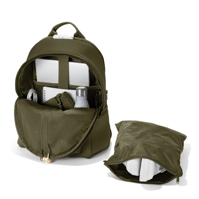 Dagne Dover large Dakota Neoprene Backpack in dark moss unzipped, showing the interior pockets and shoe bag.