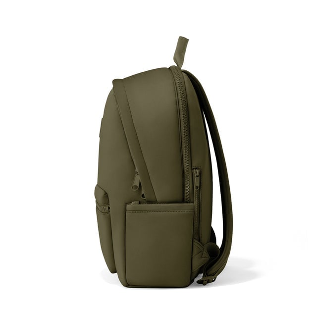 Dagne Dover large Dakota Neoprene Backpack in dark moss seen from the side.