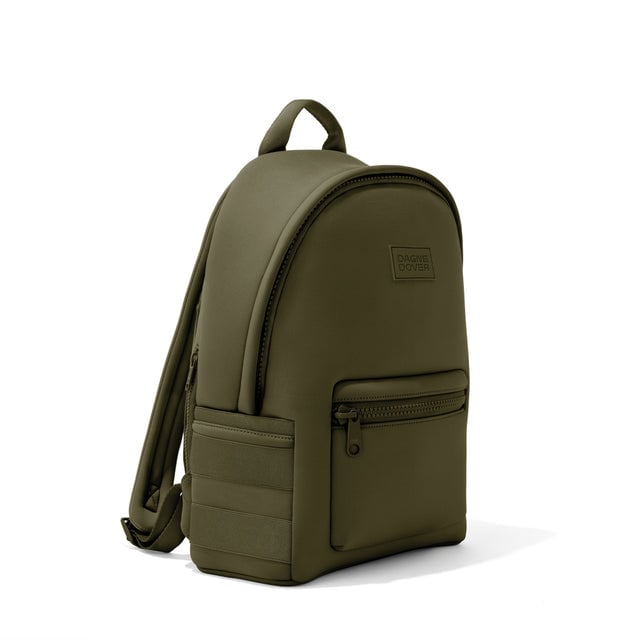Dagne Dover medium Dakota Neoprene Backpack in dark moss seen from an angle.